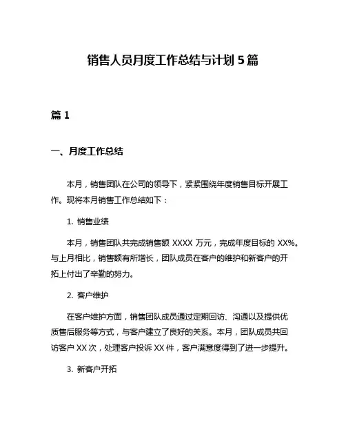 销售人员月度工作总结与计划5篇