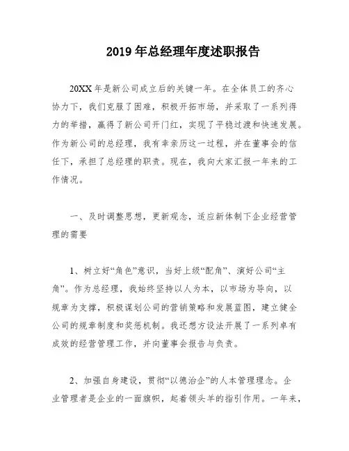 2019年总经理年度述职报告