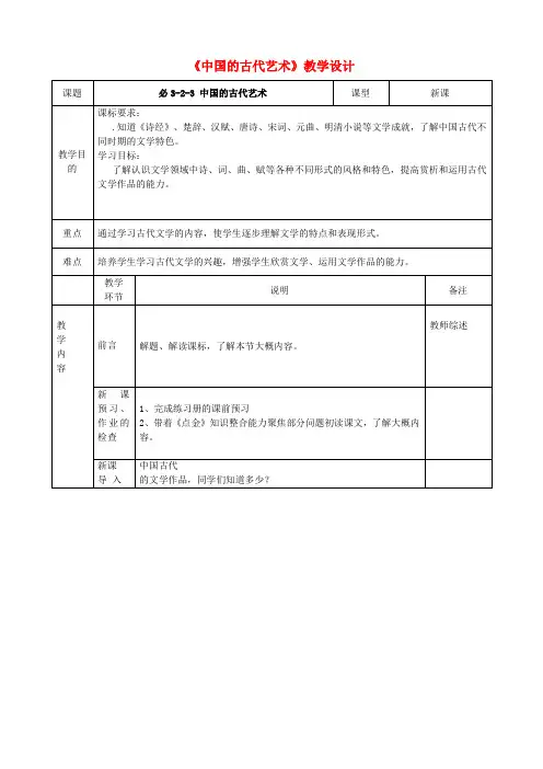 高二历史《中国的古代艺术》教学设计
