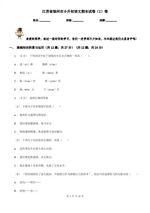 江苏省徐州市小升初语文期末试卷(I)卷