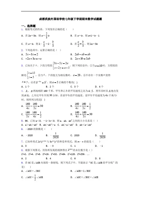 成都武侯外国语学校七年级下学期期末数学试题题