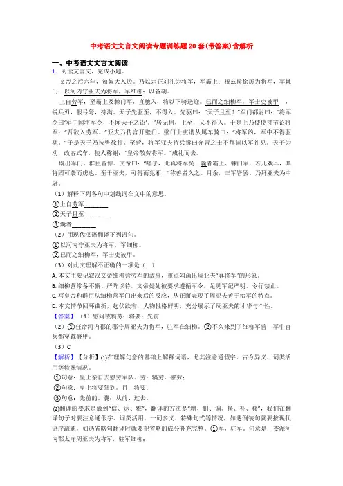 中考语文文言文阅读专题训练题20套(带答案)含解析