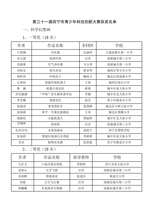 第三十一届西宁市青少年科技创新大赛获奖名单