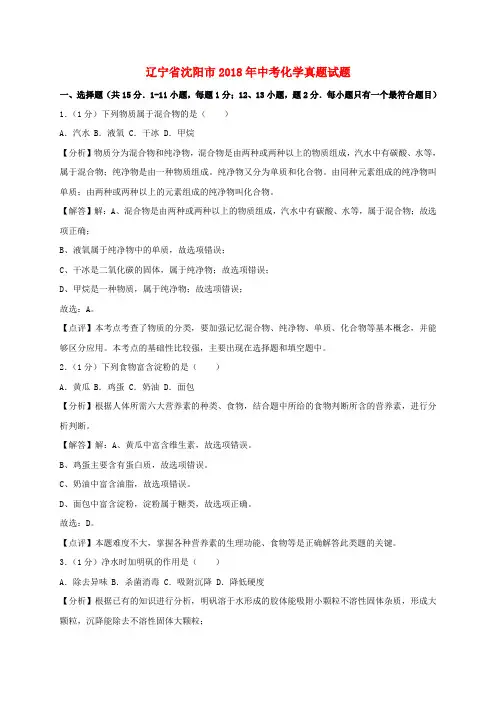 辽宁省沈阳市2018年中考化学真题试题(含解析)