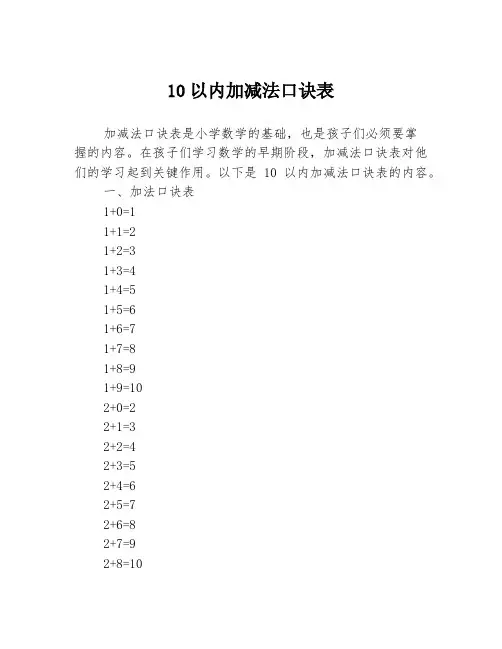 10以内加减法口诀表