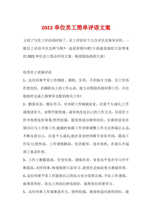 2022单位员工简单评语文案