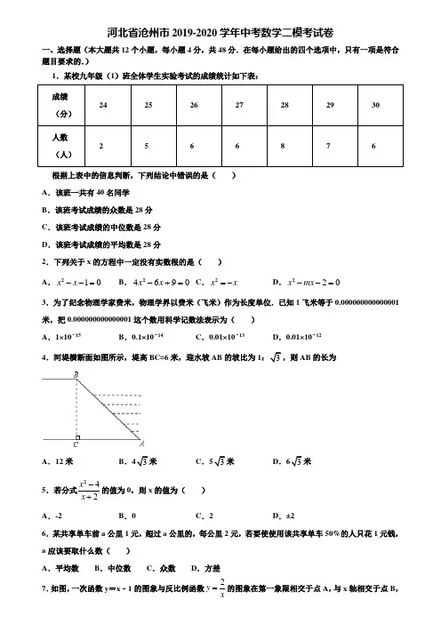 河北省沧州市2019-2020学年中考数学二模考试卷含解析