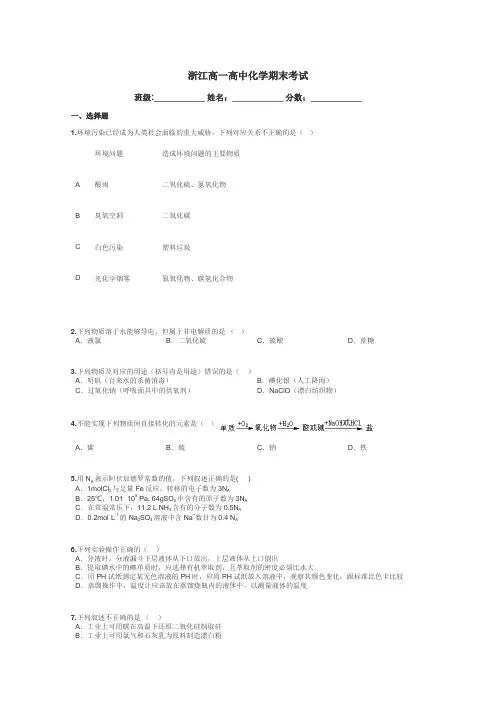 浙江高一高中化学期末考试带答案解析
