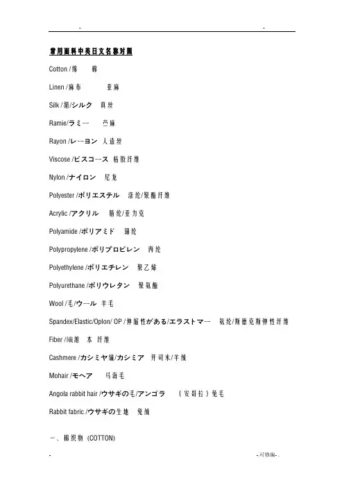 常用面料中英日文名称对照