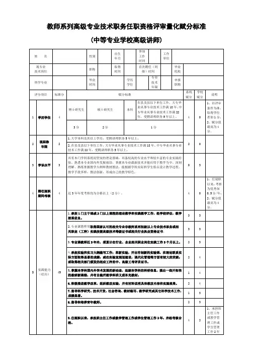 教师系列高级专业技术职务任职资格评审量化赋分标准