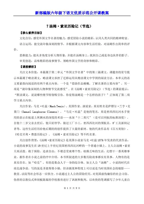 新部编版六年级下语文7《汤姆索亚历险记(节选)》优质示范公开课教案