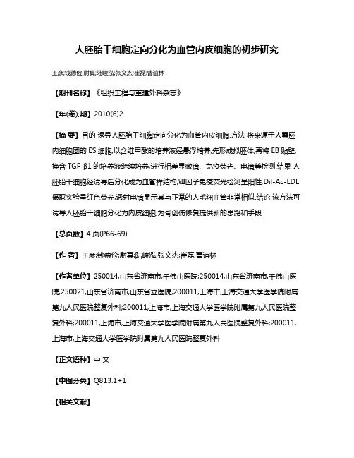 人胚胎干细胞定向分化为血管内皮细胞的初步研究
