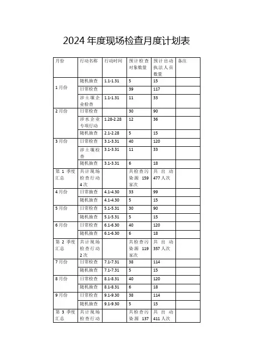 2024年度现场检查月度计划表