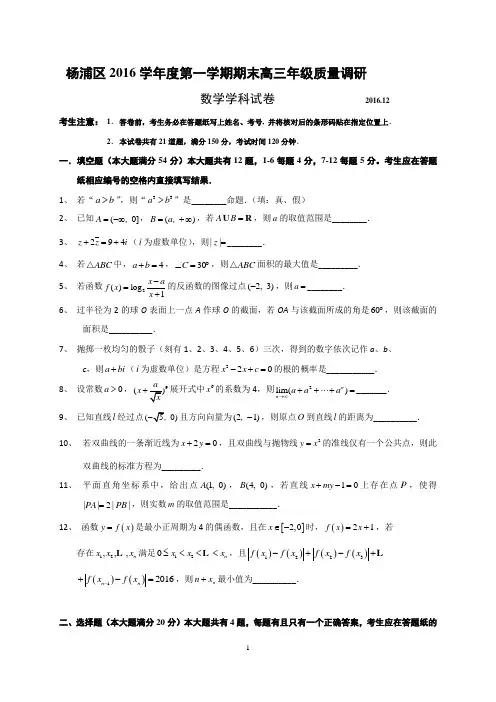 上海市杨浦区2017届高三上学期期末质量调研数学试题(全WORD版,含官方答案)