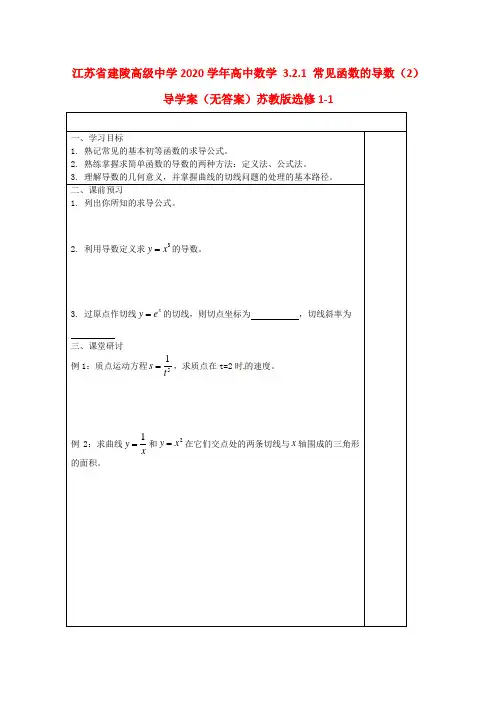 江苏省建陵高级中学2020学年高中数学 3.2.1 常见函数的导数(2)导学案(无答案)苏教版选修1-1