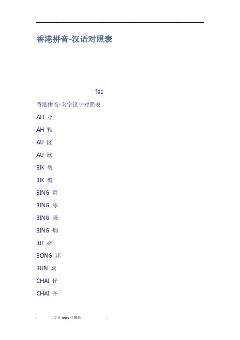 香港拼音汉语对照表