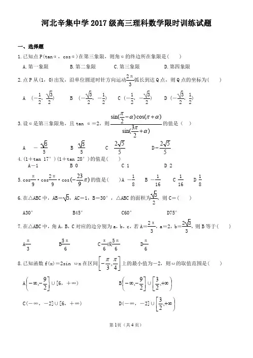 河北省辛集中学2020届高三上学期数学(理)限时训练试题4 PDF版不含答案