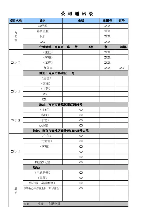 物业公司各项目部员工通讯录