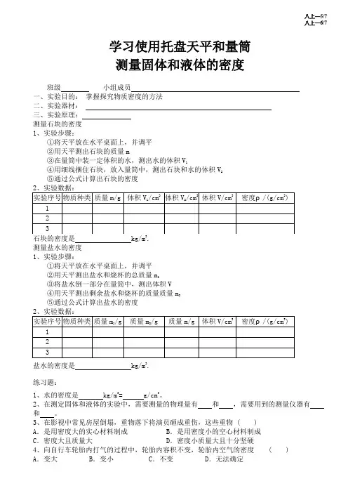 6《测量固体液体密度》实验报告单