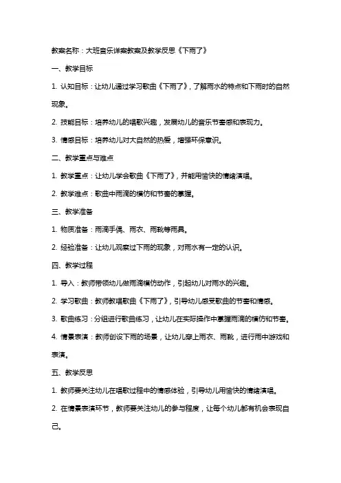 大班音乐详案教案及教学反思《下雨了》