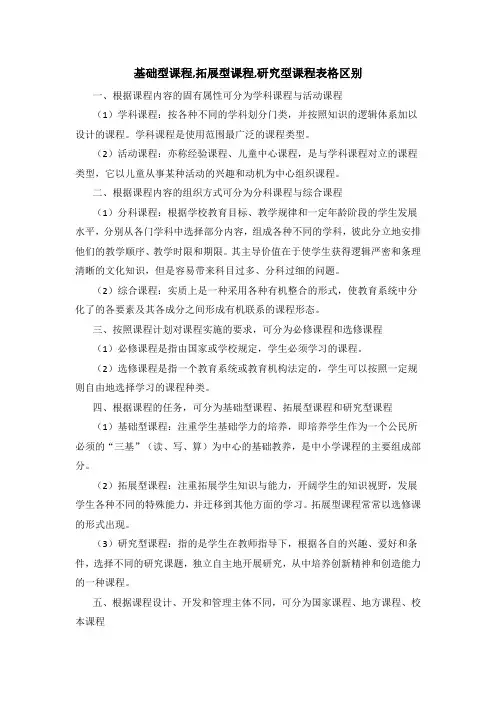 基础型课程,拓展型课程,研究型课程表格区别