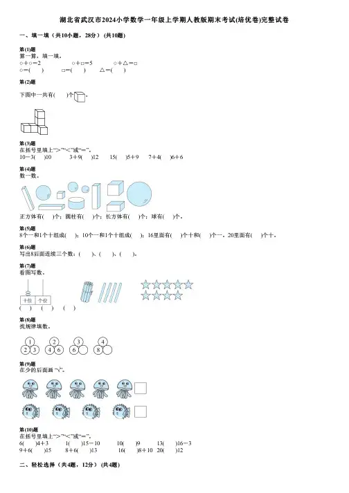 湖北省武汉市2024小学数学一年级上学期人教版期末考试(培优卷)完整试卷