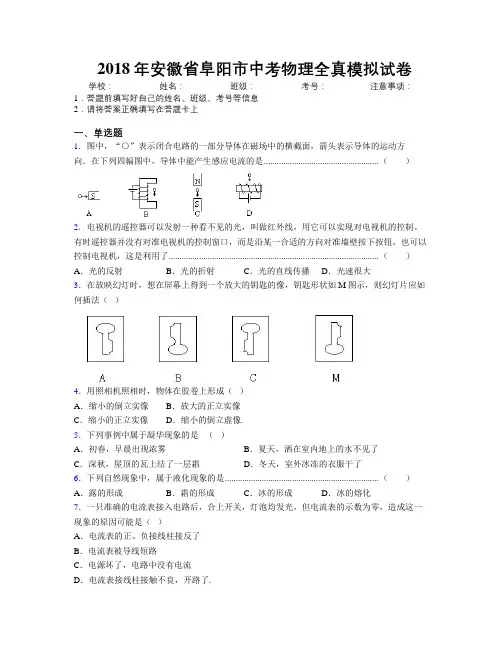 最新2018年安徽省阜阳市中考物理全真模拟试卷及解析