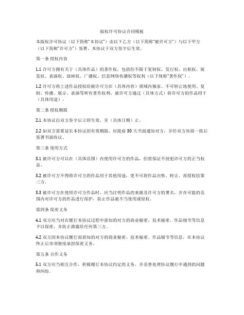版权许可协议合同模板