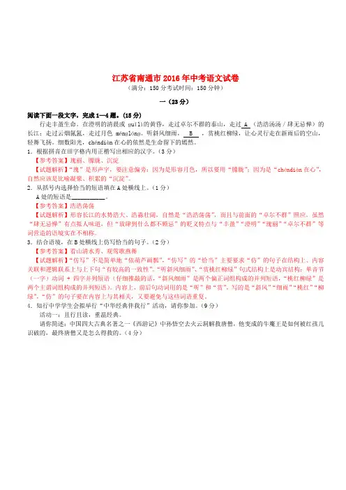 江苏省南通市2016年中考语文真题试题(含解析)