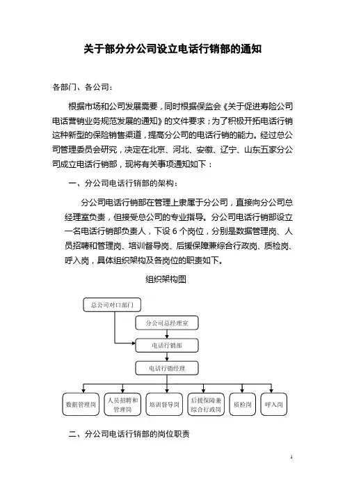 《关于部分分公司设立电话行销部的通知》