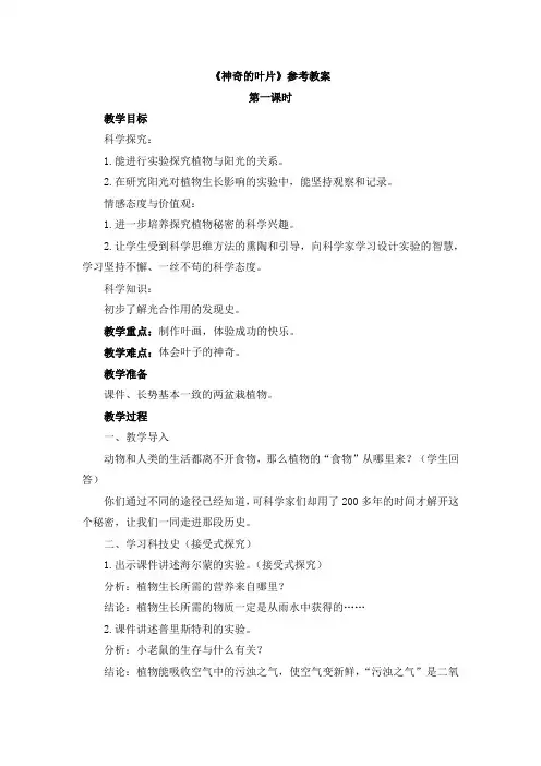 四年级上册科学教案-1.3 神奇的叶片 ｜湘教版(一起)