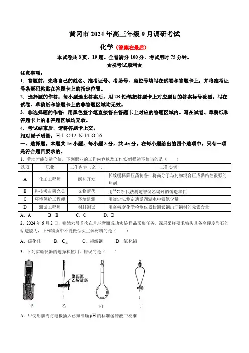 湖北省黄冈市2025届高三上学期9月调研考试(一模)化学试卷含答案