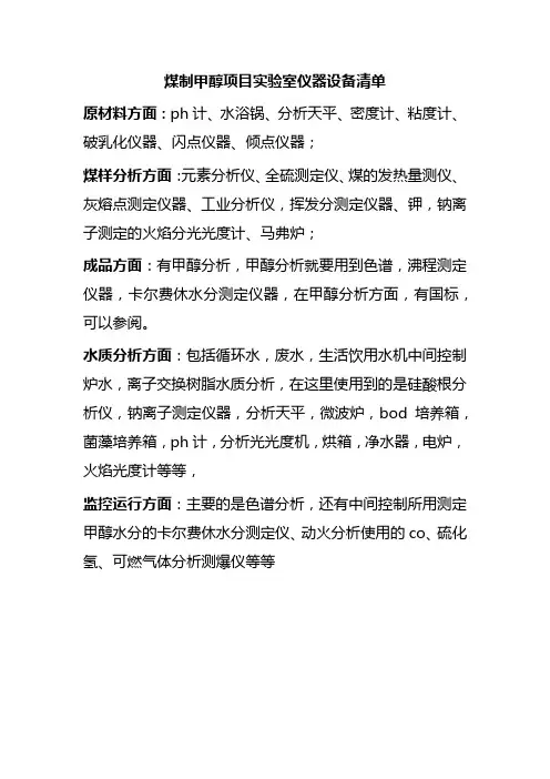 煤制甲醇项目实验室仪器设备清单