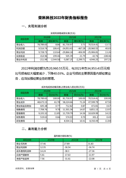 300290荣科科技2022年财务指标报告