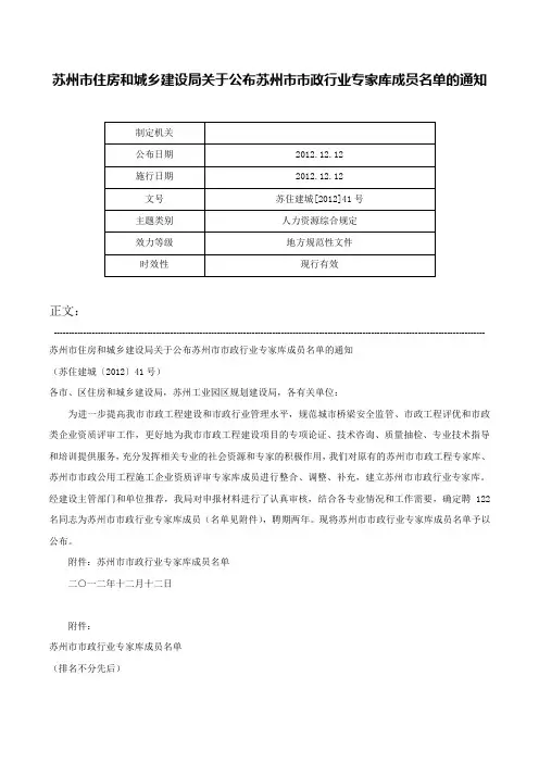 苏州市住房和城乡建设局关于公布苏州市市政行业专家库成员名单的通知-苏住建城[2012]41号