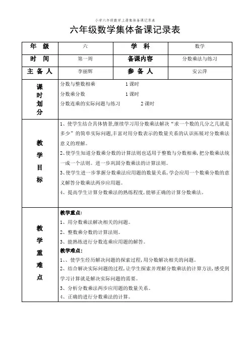 小学六年级数学上册集体备课记录表