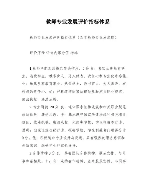 教师专业发展评价指标体系