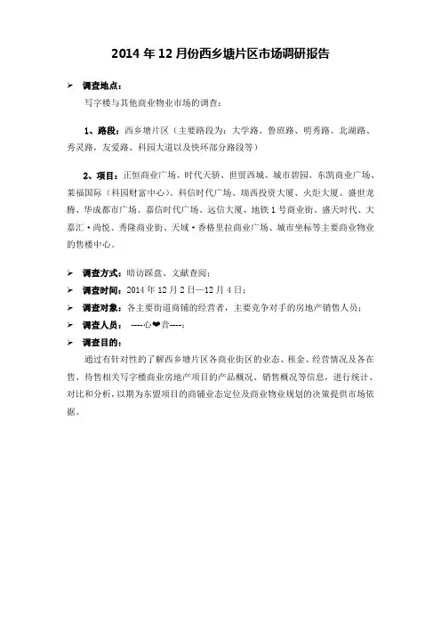 2014年12月份西乡塘片区市场调研报告