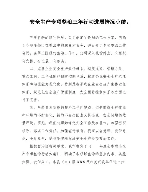 安全生产专项整治三年行动进展情况小结。