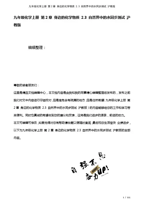 九年级化学上册第2章身边的化学物质2.3自然界中的水测试沪教版(2021年整理)