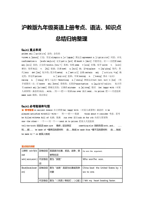 沪教版九年级第一学期英语上册考点、语法、知识点总结归纳整理