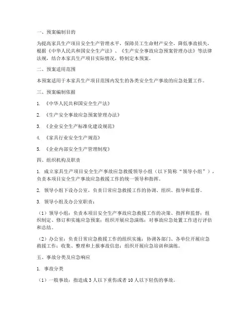 家具生产项目应急预案范文