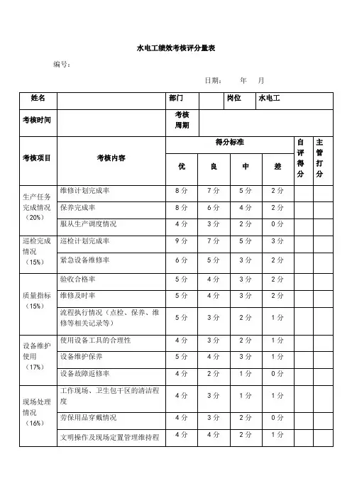 最新水电工绩效考核评分量表资料