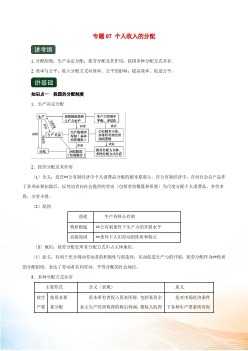2022年高考政治一轮复习 专题07 个人收入的分配(讲)(含解析)