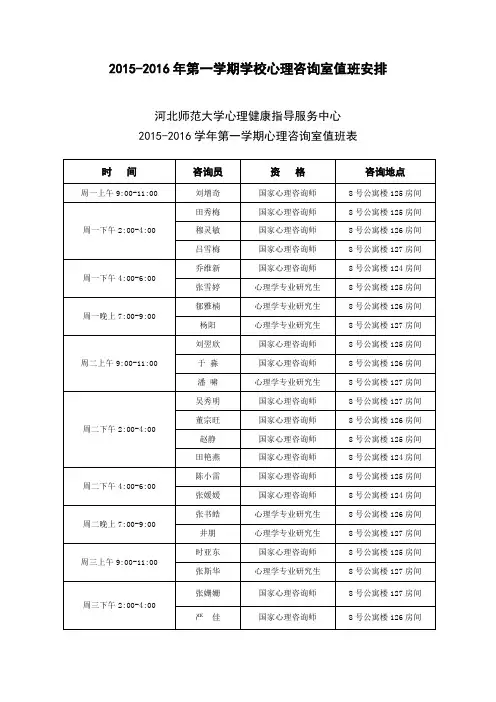 2012016年第一学期学校心理咨询室值班安排
