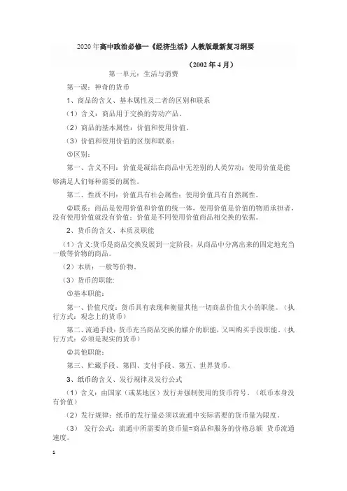 2020年高中政治必修一最新复习纲要
