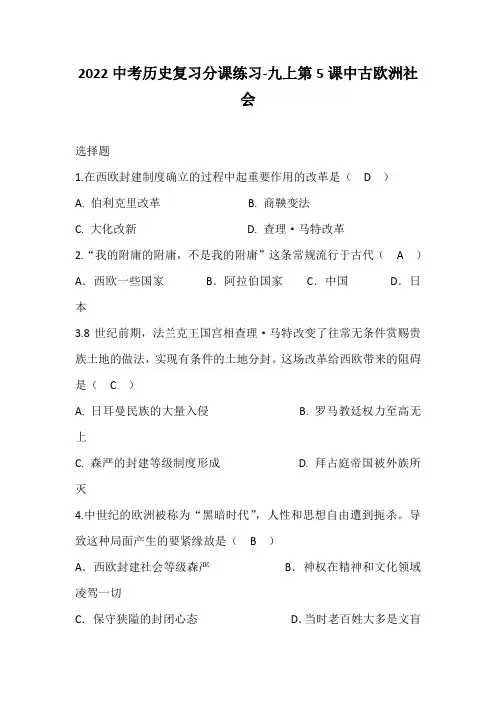 2022中考历史复习分课练习-九上第5课中古欧洲社会