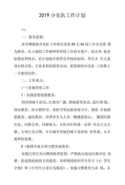 2019少先队工作计划