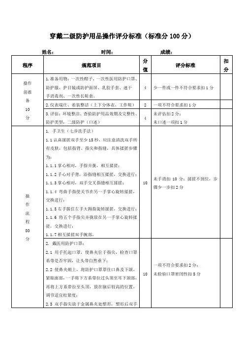 穿戴二级防护用品操作评分标准