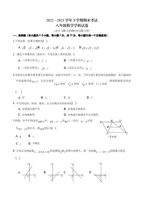江西省赣州市石城县2022-2023学年八年级下学期期末考试数学试卷(含解析)